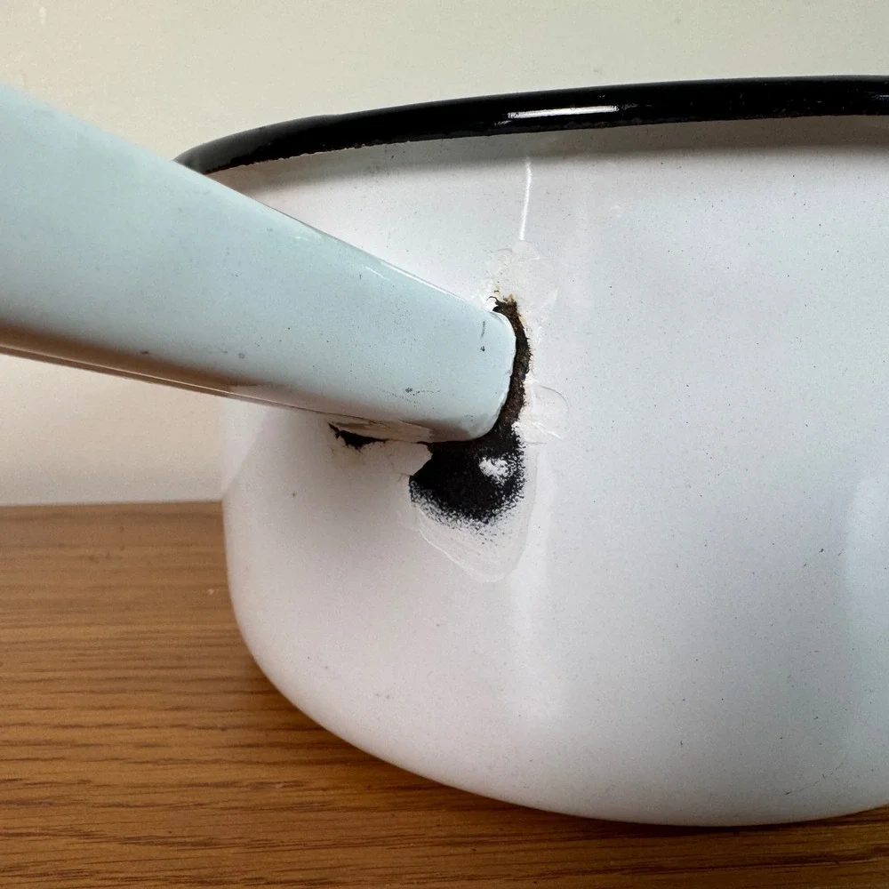 Vintage VPS White Enamelware Saucepan 18cm Black Trim Farmhouse Decor Pot
